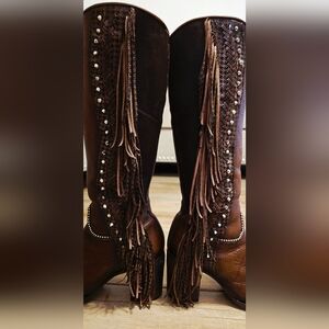 CUADRA Brown Fringe Studded Women's Boots